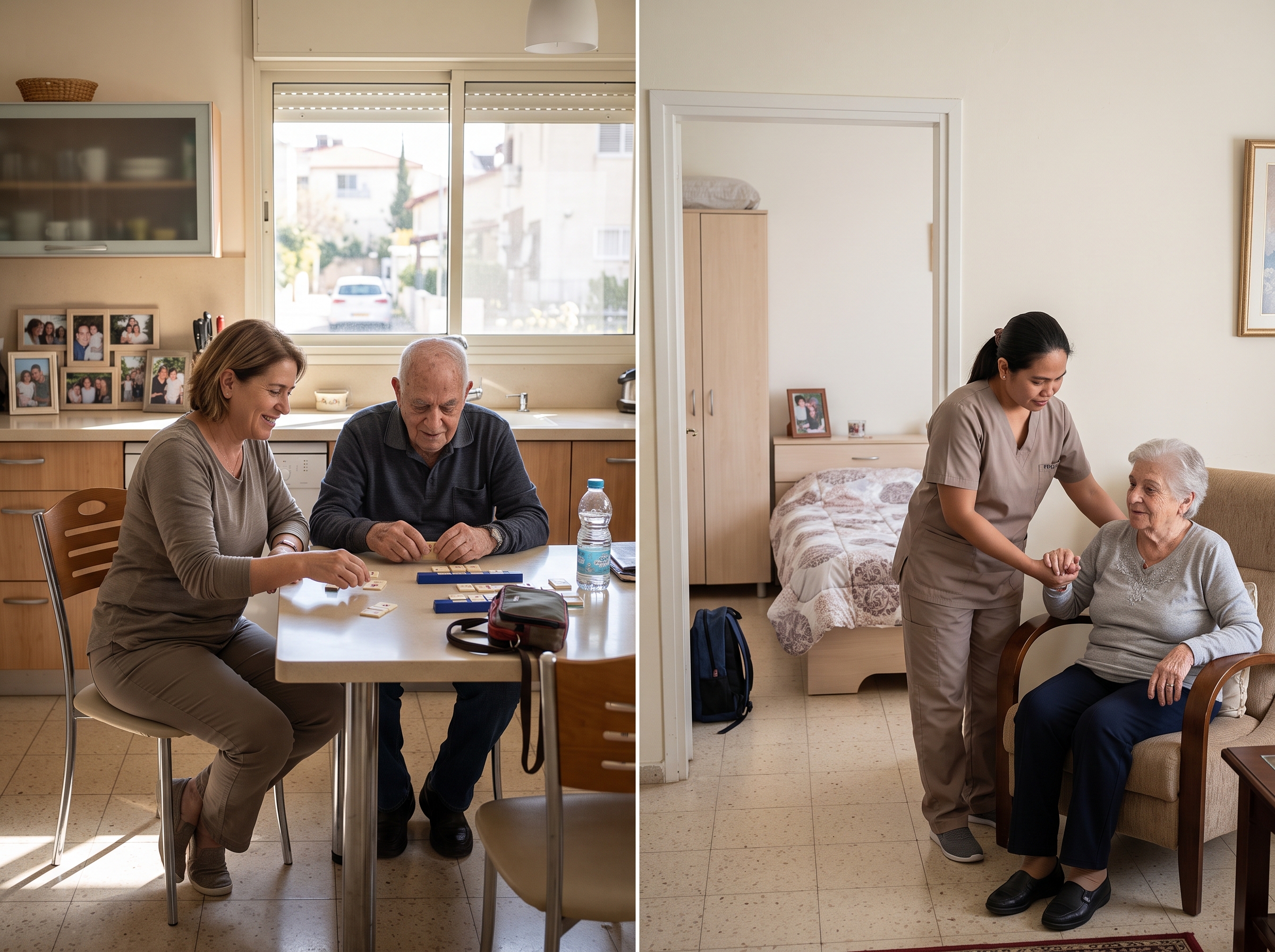 השוואה ויזואלית בין מטפלת ישראלית המגיעה לשעות בודדות לבין עובדת זרה המתגוררת בבית המטופל ומספקת טיפול רציף
