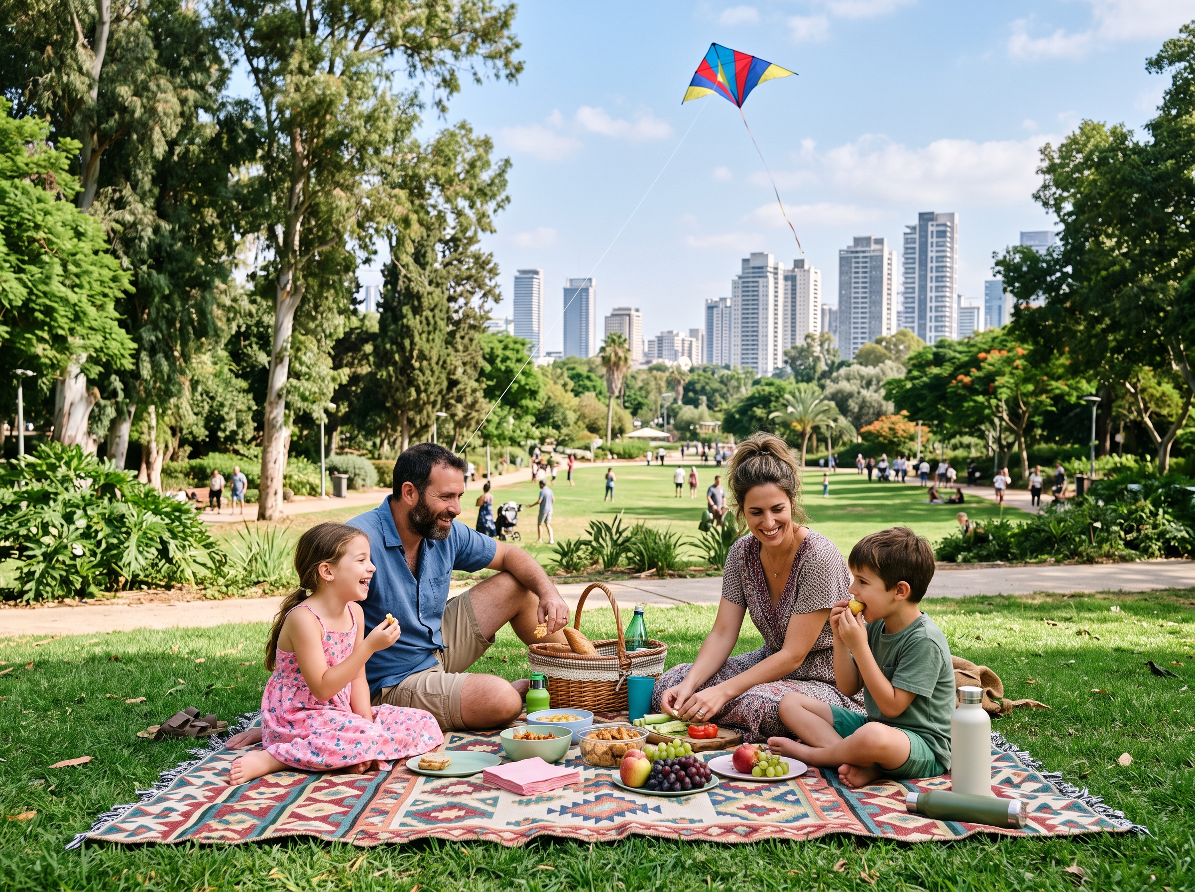 משפחה עורכת פיקניק בפארק ירוק ורחב ידיים במרכז העיר, עם עפיפון באוויר