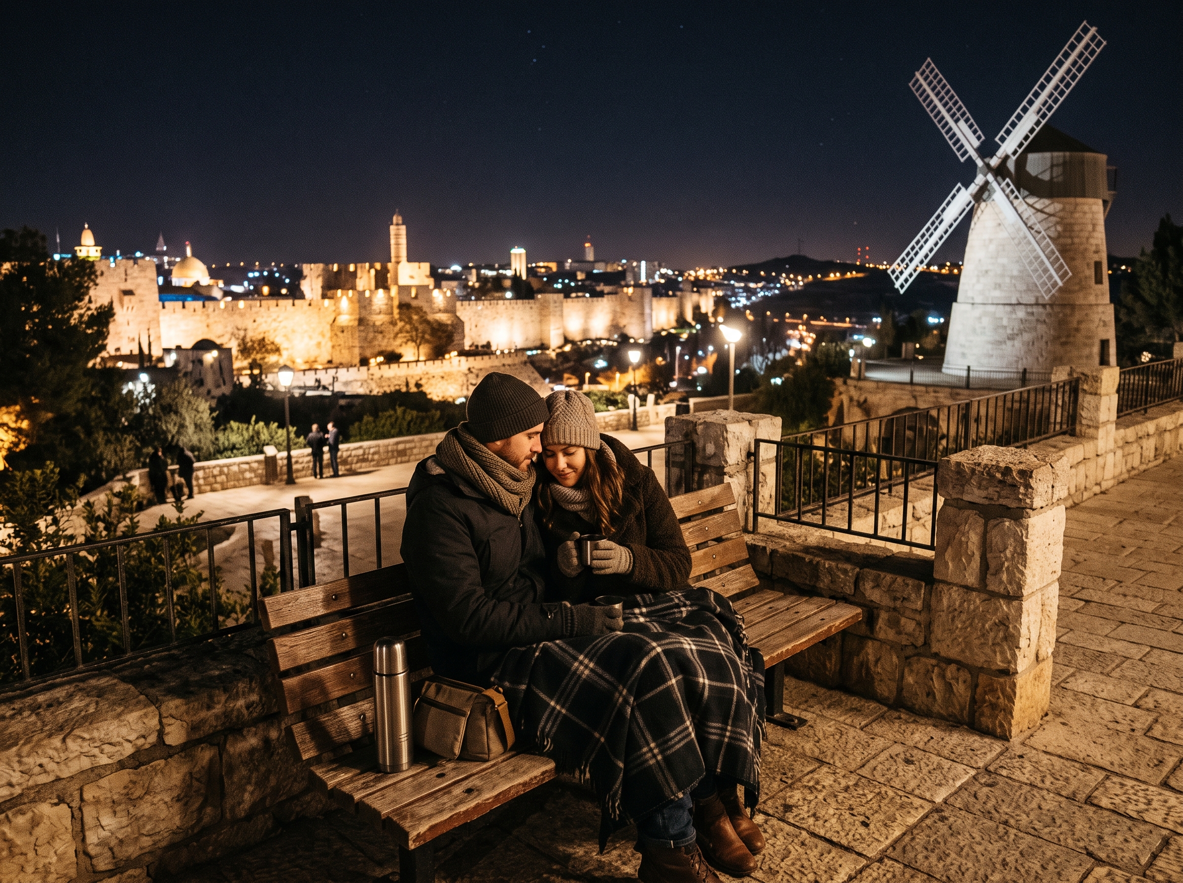 זוג צופה על חומות העיר העתיקה המוארות ממשכנות שאננים בלילה חורפי וקר.