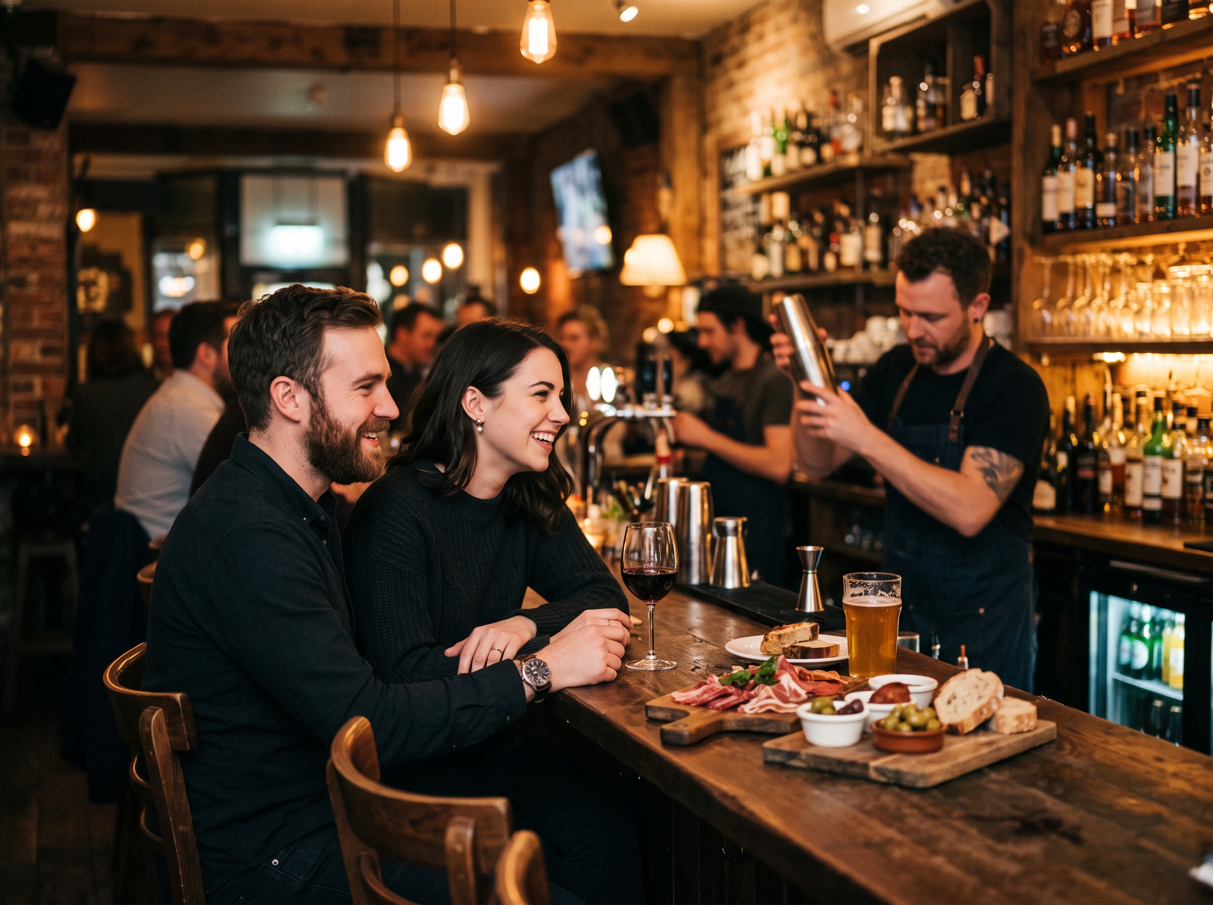 זוג בדייט ספונטני יושב על הבר בגסטרו-פאב מואר עמום, חולק מנות קטנות ומשוחח.