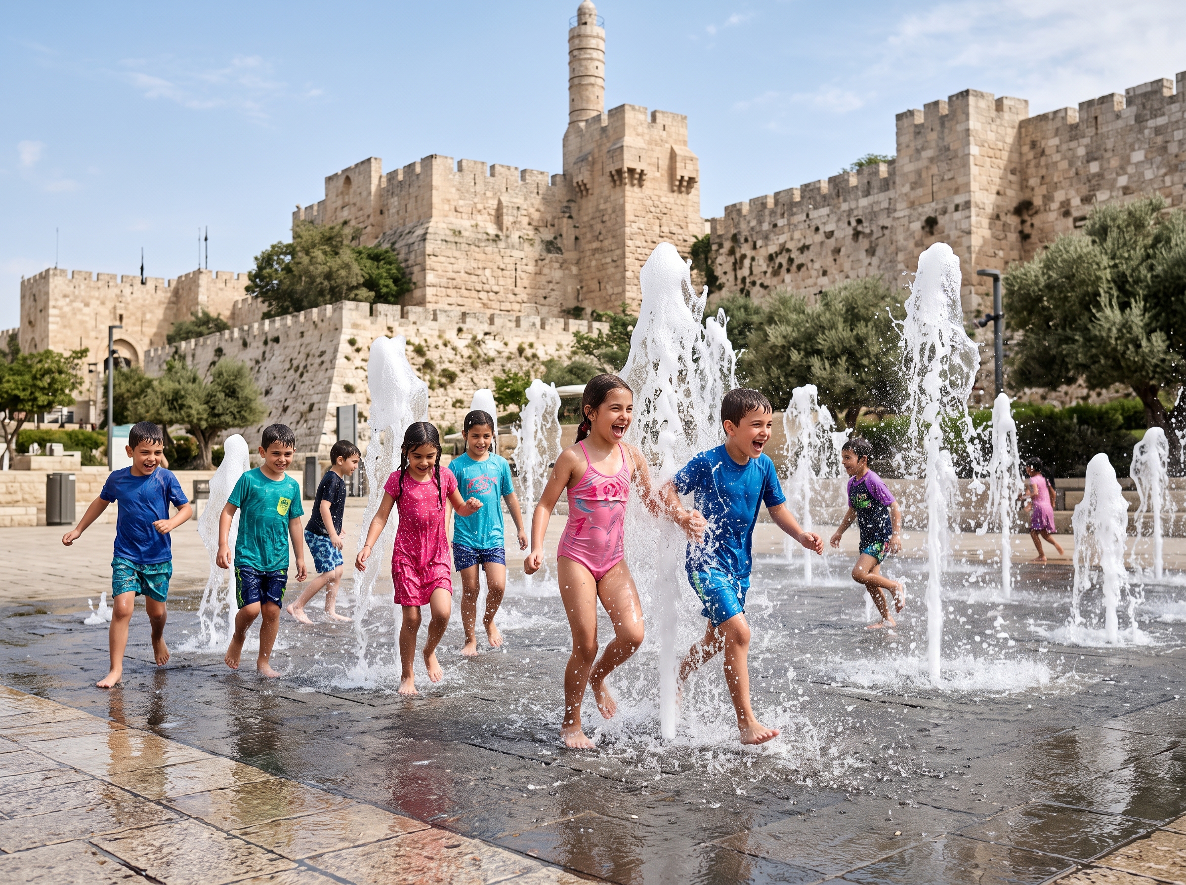 ילדים משחקים במזרקות מים בפארק טדי בירושלים