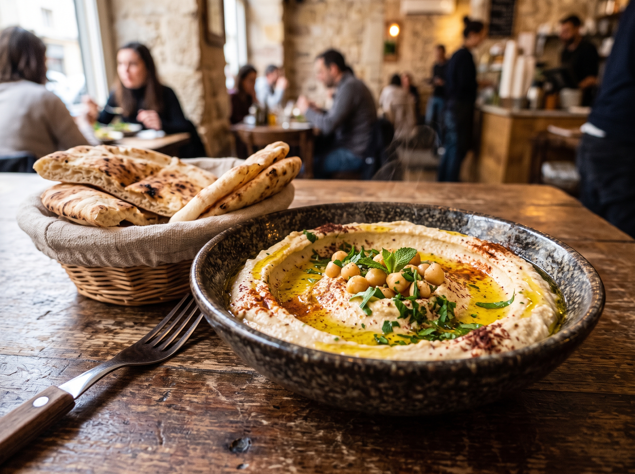 קערת חומוס טרי עם פיתות על שולחן עץ במסעדה עממית