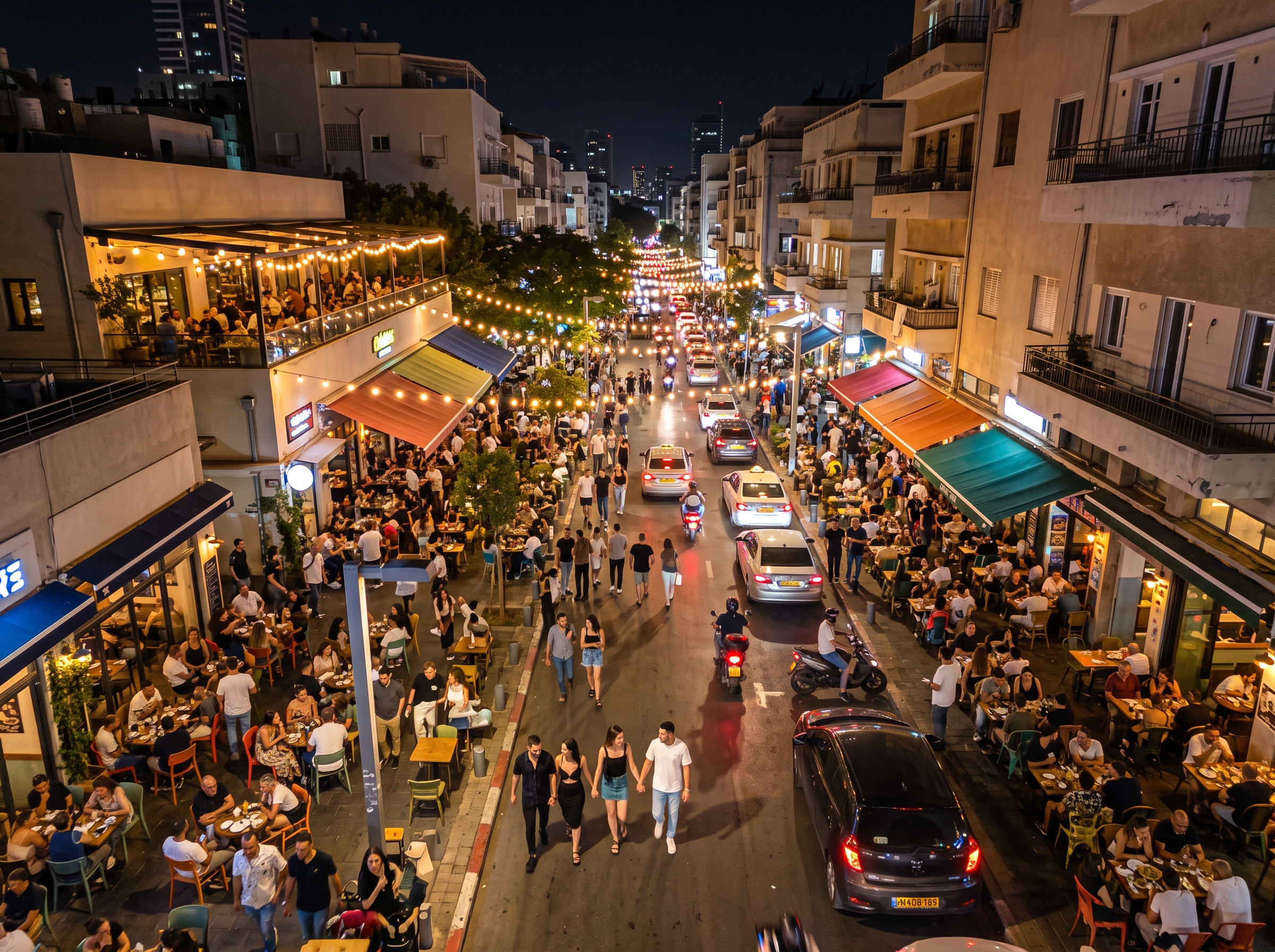 רחוב תל אביבי שוקק חיים בלילה, עם אורות ברים ומסעדות, המציג את סצנת חיי הלילה התוססת של העיר.
