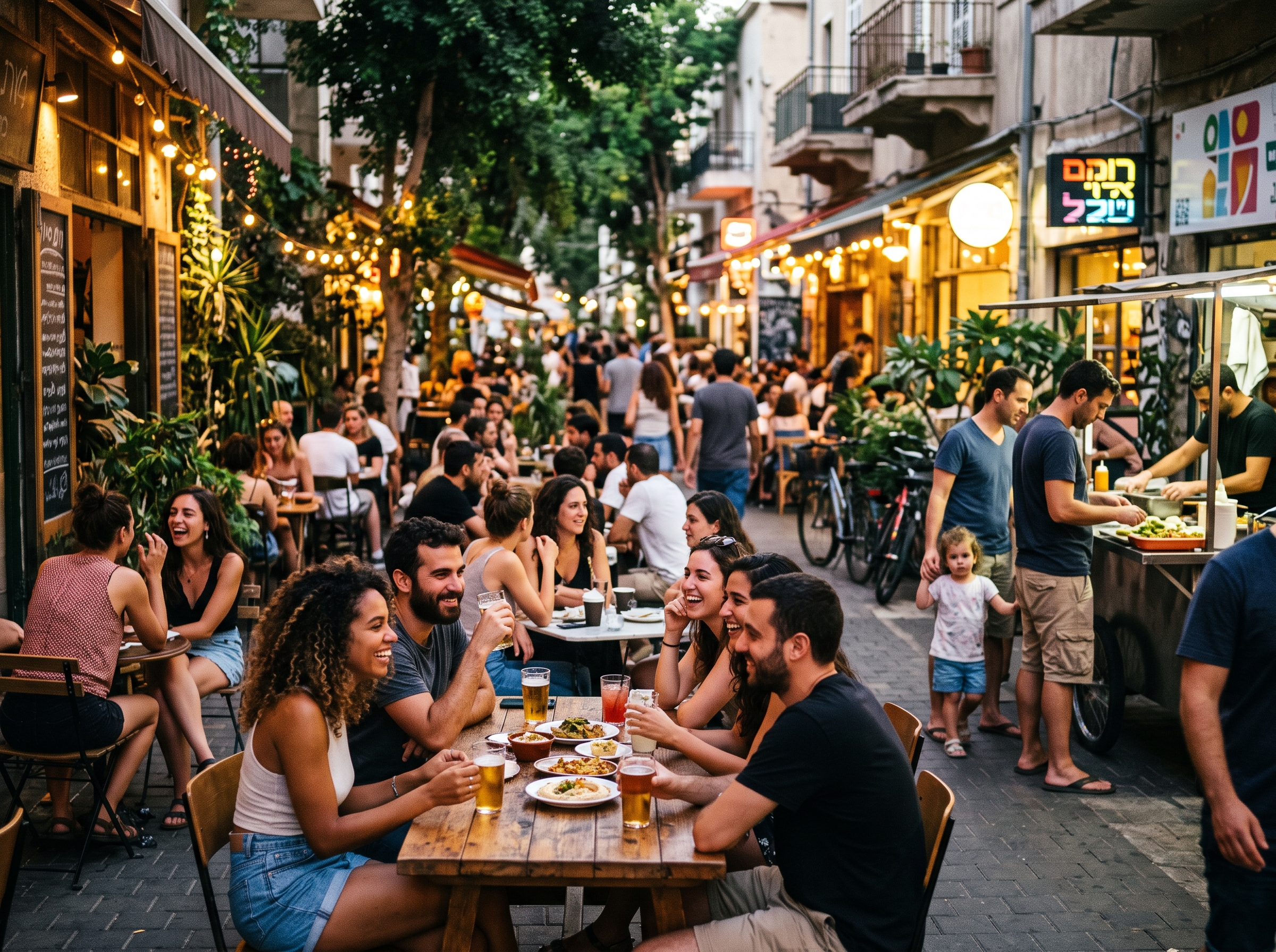 קבוצת אנשים מגוונת נהנית מבילוי ערב קליל בשכונה תל אביבית, עם ברים ובתי קפה ברקע.