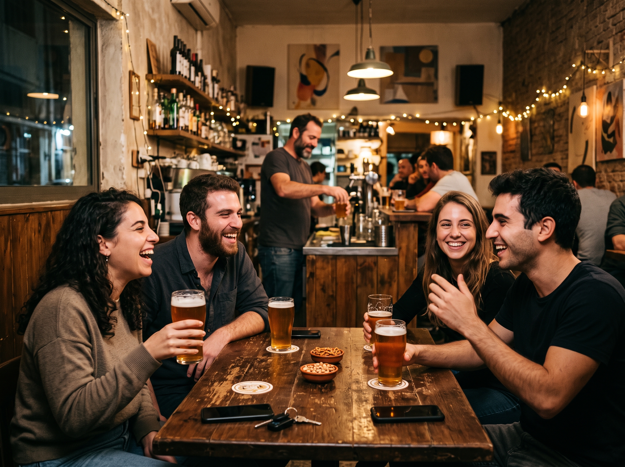 חברים שותים בירה בבר שכונתי נעים ורגוע בתל אביב